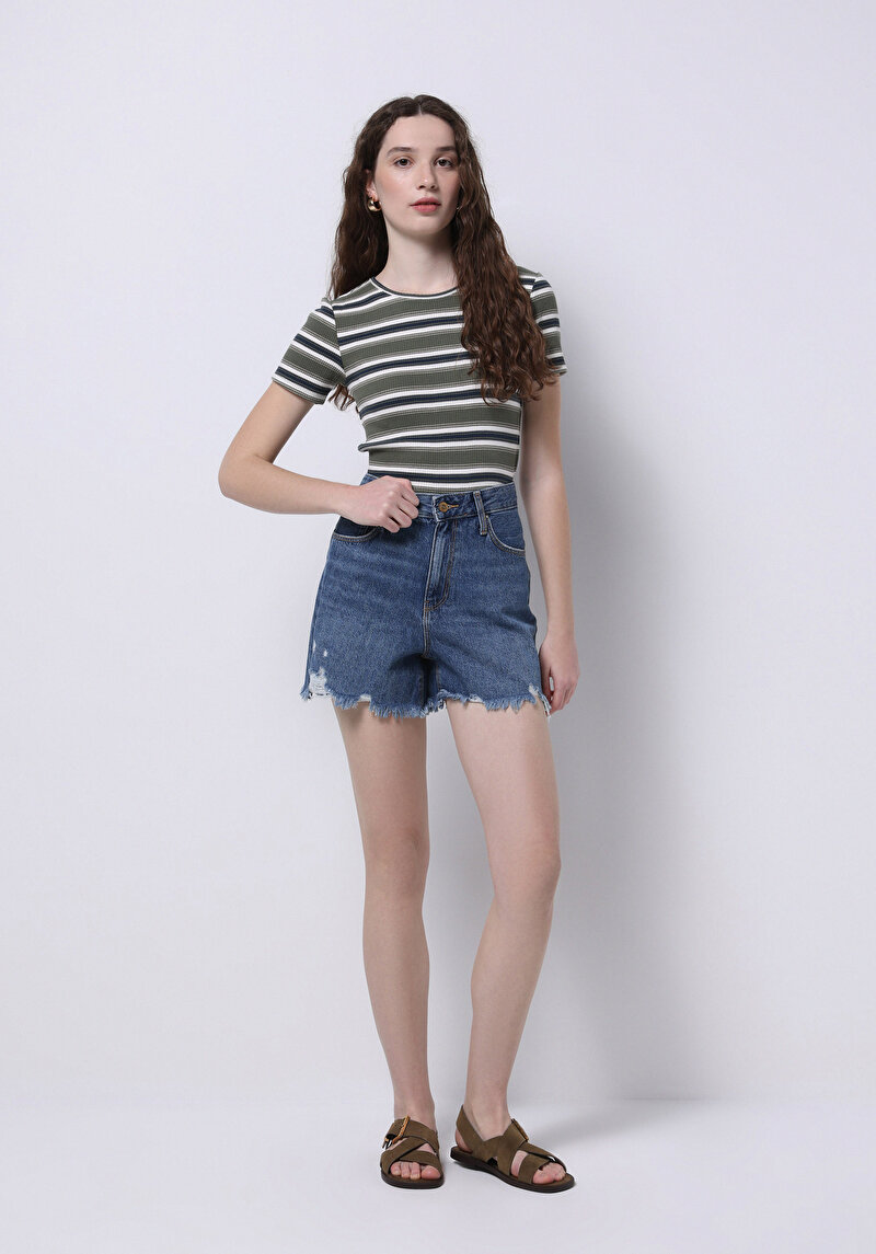 Изображение Женские джинсовые шорты прямого кроя с высокой посадкой mom fit