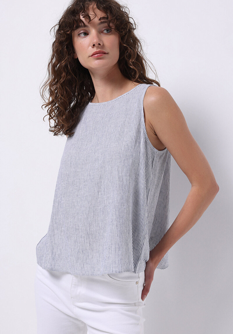 Изображение Женская синяя рубашка в полоску, без рукавов, с круглым воротником, обычного кроя