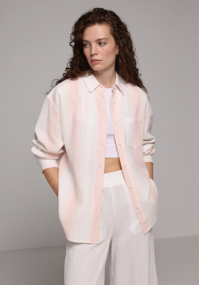 Изображение Женская Оранжевая Рубашка С Длинным Рукавом Рубашка Шеи Полоска Хлопок Пуговицы Oversize