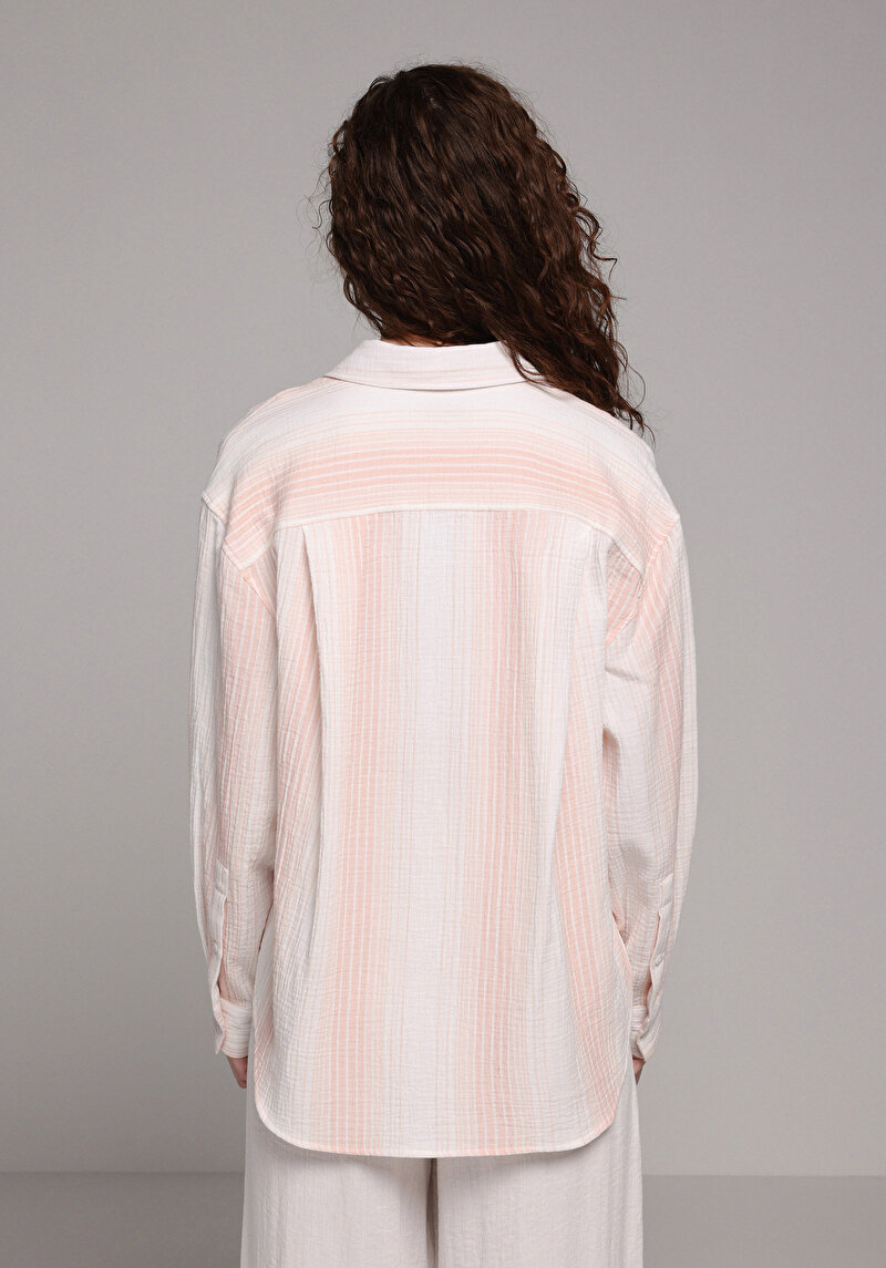 Изображение Женская Оранжевая Рубашка С Длинным Рукавом Рубашка Шеи Полоска Хлопок Пуговицы Oversize