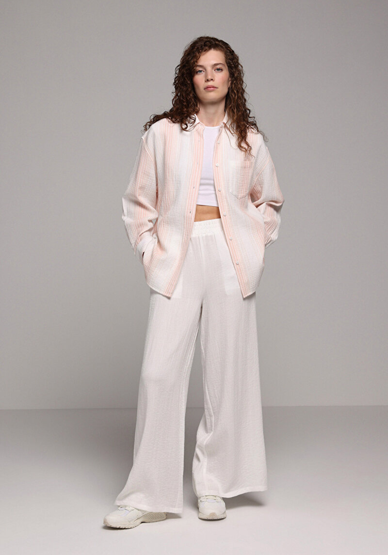 Изображение Женская Оранжевая Рубашка С Длинным Рукавом Рубашка Шеи Полоска Хлопок Пуговицы Oversize