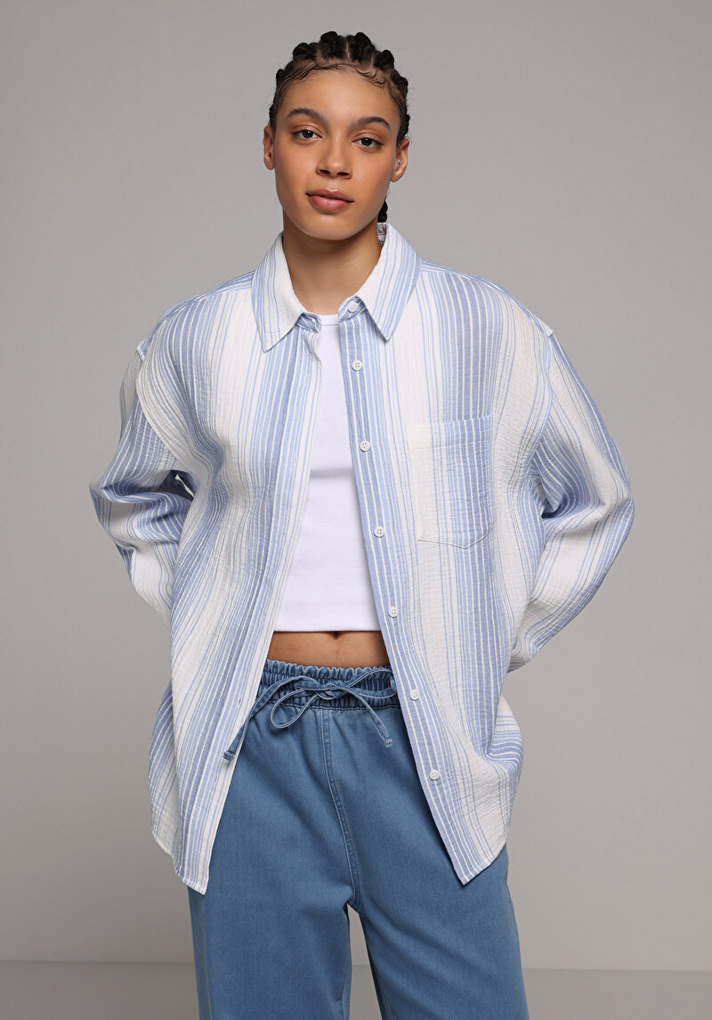 Изображение Женская Голубая Рубашка С Длинным Рукавом Рубашка Шеи Полоска Хлопок Пуговицы Oversize