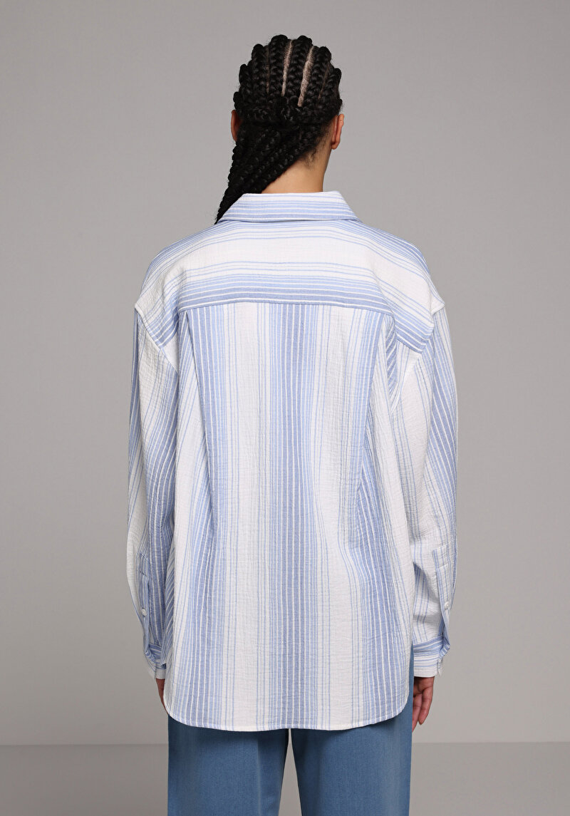 Изображение Женская Голубая Рубашка С Длинным Рукавом Рубашка Шеи Полоска Хлопок Пуговицы Oversize