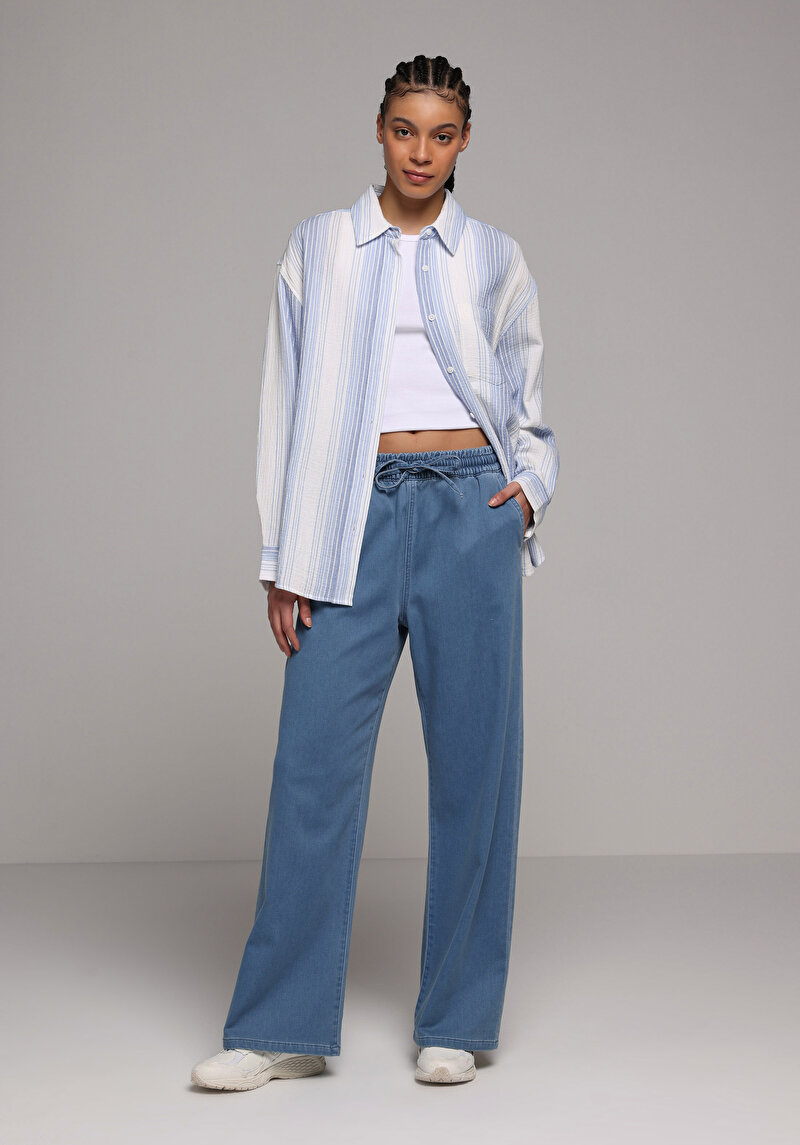 Изображение Женская Голубая Рубашка С Длинным Рукавом Рубашка Шеи Полоска Хлопок Пуговицы Oversize