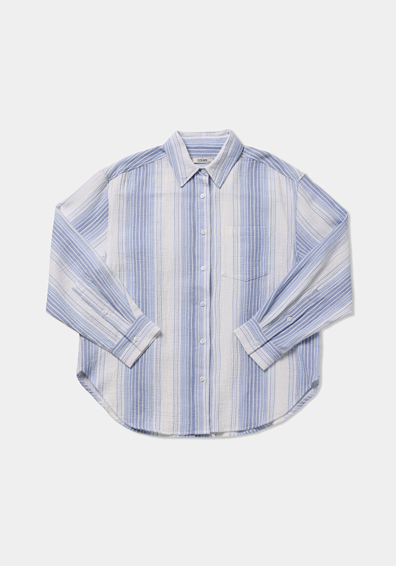 Изображение Женская Голубая Рубашка С Длинным Рукавом Рубашка Шеи Полоска Хлопок Пуговицы Oversize